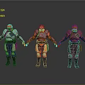 Three Characters In Different Colored Armor Suits With Helmets And Protective Gear