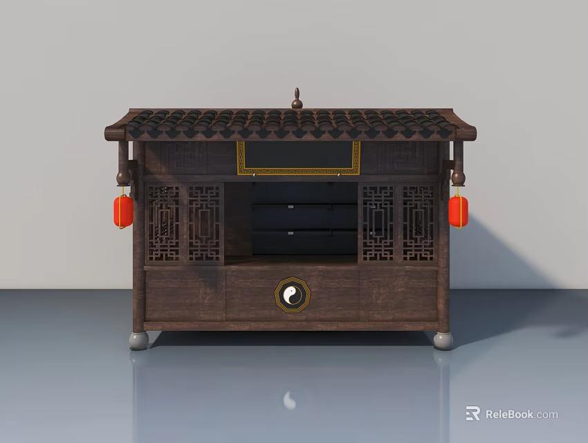 Traditional Chinese Style Landscape Sculpture Featuring Wooden Roof Red Lanterns Yin Yang Symbol Golden Decoration 3d model 