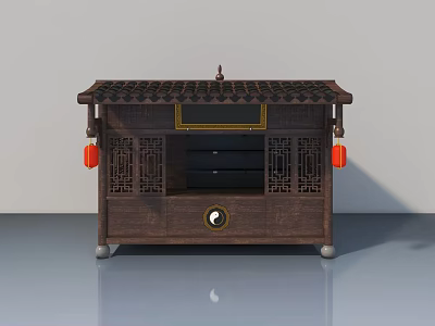 Traditional Chinese Style Landscape Sculpture Featuring Wooden Roof Red Lanterns Yin Yang Symbol Golden Decoration 3d model