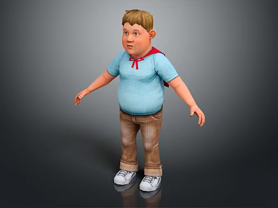 Chubby Blonde Boy Character In Light Blue Shirt Red Scarf Brown Pants White Shoes 3d model