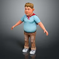 Chubby Blonde Boy Character In Light Blue Shirt Red Scarf Brown Pants White Shoes
