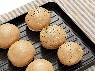 Hamburger Buns On Baking Tray With Sesame Seeds 3d model