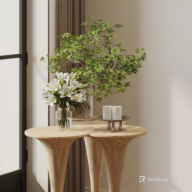 Elegant Bonsai Plant Display On Wooden Table With White Flowers And Candles 3d model 