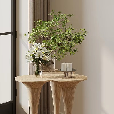 Elegant Bonsai Plant Display On Wooden Table With White Flowers And Candles 3d model