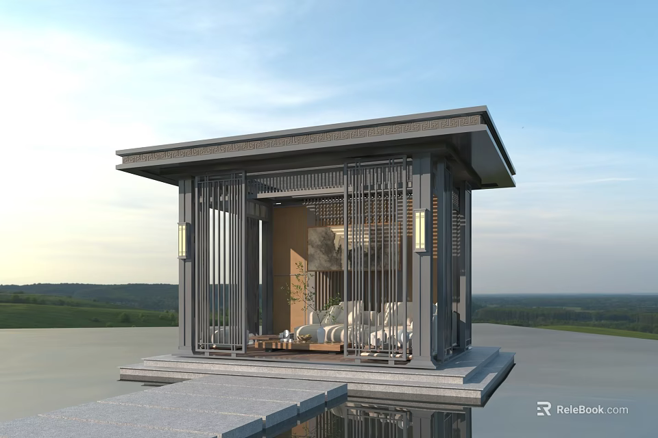 Modern Landscape Pavilion With Gray Roof Lattice Design Interior Sofas And Waterfront View 3d model 