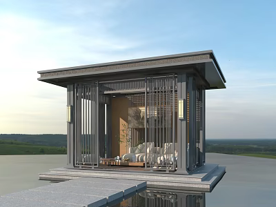 Modern Landscape Pavilion With Gray Roof Lattice Design Interior Sofas And Waterfront View 3d model