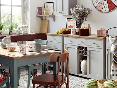 Bright Restaurant Interior With Dining Table Chairs Cabinet Fruits Decorative Paintings And Wall Clock 3d model