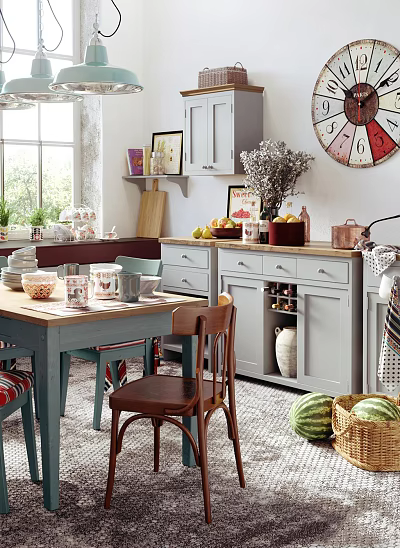 Bright Restaurant Interior With Dining Table Chairs Cabinet Fruits Decorative Paintings And Wall Clock 3d model