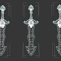 Three Decorative Swords With Skull Handles And Different Colorful Glowing Blades