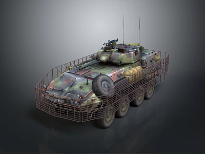 Camouflaged Six Wheeled Military Vehicle With Cage Armor Roof Mounted Machine Gun And Antennas 3d model