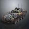 Camouflaged Six Wheeled Military Vehicle With Cage Armor Roof Mounted Machine Gun And Antennas