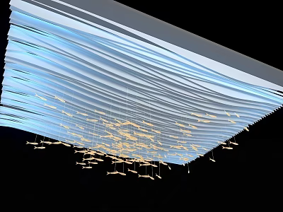 Modern Layered Ceiling with Wave like Design Blue White and Small Golden Pendant Lights 3d model