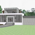 Modern Detached Villa With Large Glass Windows Front Steps And Garden Lawn