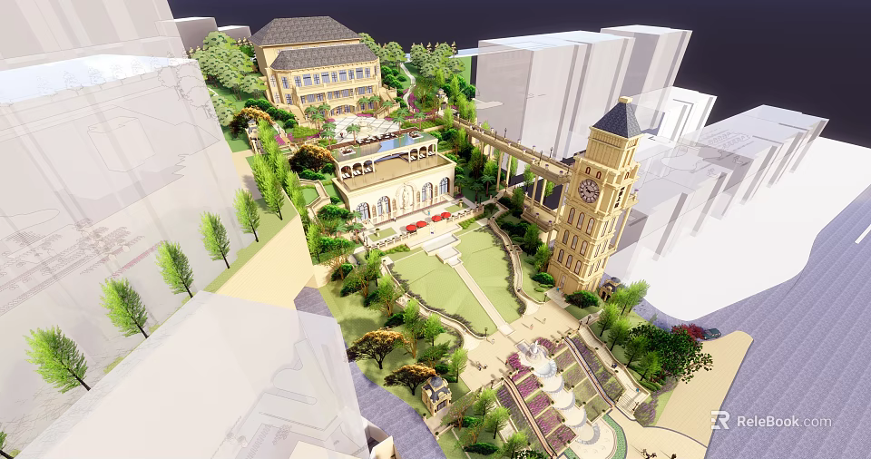 European Style Architecture Complex With Clock Tower And Garden Landscape 3d model 