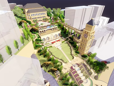 European Style Architecture Complex With Clock Tower And Garden Landscape 3d model
