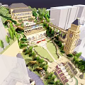 European Style Architecture Complex With Clock Tower And Garden Landscape