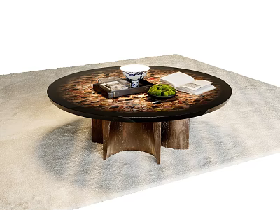 Round Coffee Table Featuring Decorative Top Wooden Legs Tea Cup Book Tray And Green Plant 3d model