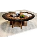 Round Coffee Table Featuring Decorative Top Wooden Legs Tea Cup Book Tray And Green Plant