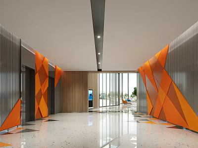 Modern Front Desk Reception Area With Orange Geometric Walls Glass Doors Elevators And Polished Floor 3d model
