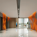 Modern Front Desk Reception Area With Orange Geometric Walls Glass Doors Elevators And Polished Floor