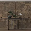 Traditional Chinese Console Table with Potted Pine and Fan Against Patterned Screen 3d model