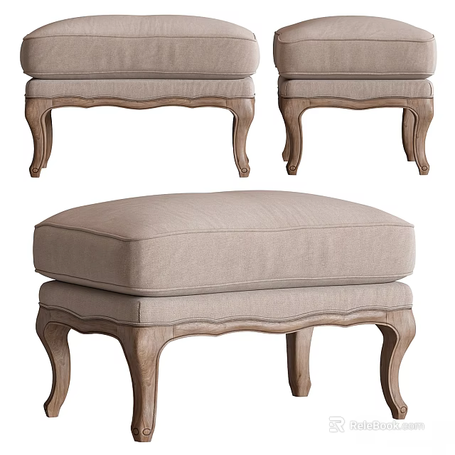 Three Classic Style Ottomans With Light Upholstered Seats And Carved Wooden Legs 3d model 