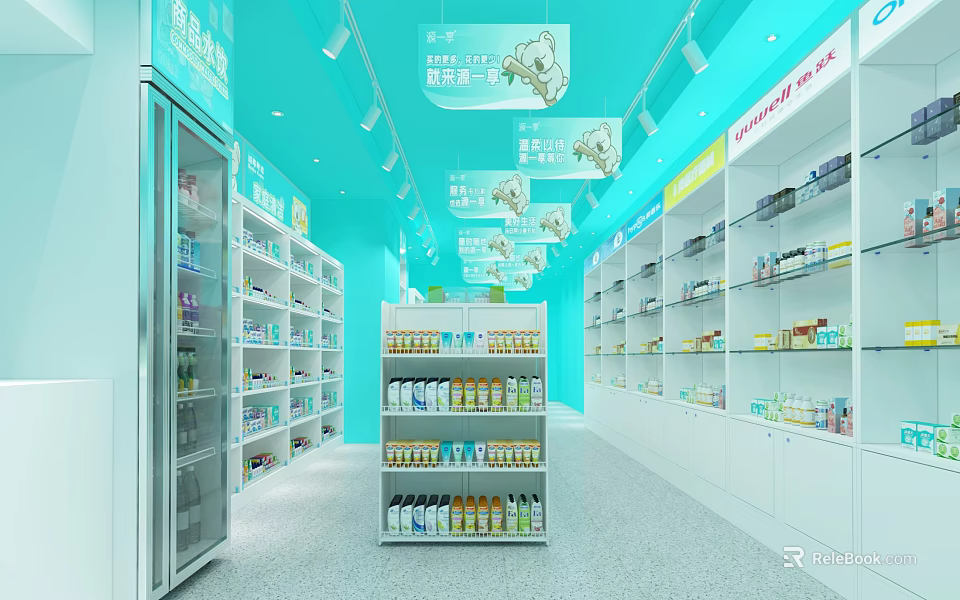 Supermarket Store Interior with Aisles of Shelves Filled with Diverse Products and Blue Decor 3d model 