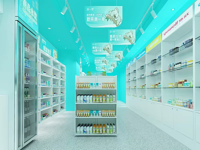 Supermarket Store Interior with Aisles of Shelves Filled with Diverse Products and Blue Decor 3d model
