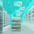 Supermarket Store Interior with Aisles of Shelves Filled with Diverse Products and Blue Decor