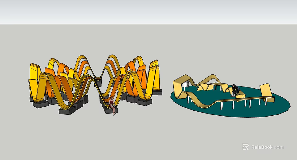 Modern Curved Landscape Seats With Yellow Orange Design For Outdoor Leisure Space 3d model 