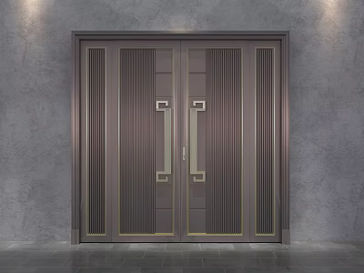Modern Entrance Door Design With Double Panels Vertical Stripes And Golden Frame 3d model