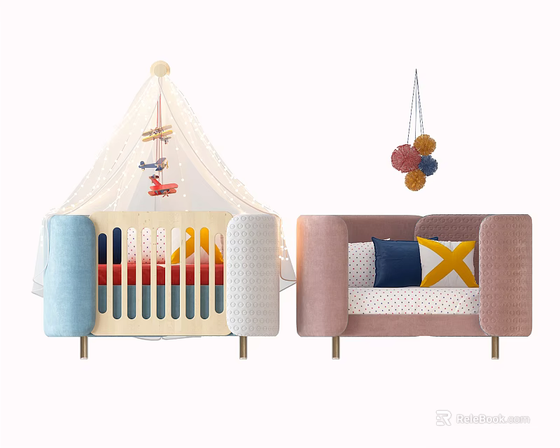 Kids Bed With White Canopy Colorful Rails And Pink Sofa Near Hanging Decorative Balls 3d model 