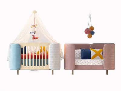 Kids Bed With White Canopy Colorful Rails And Pink Sofa Near Hanging Decorative Balls 3d model