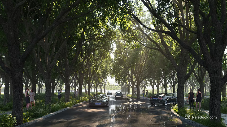 Well Designed Road Infrastructure With Tree Lined Avenue Vehicles Pedestrians And Wet Pavement 3d model 
