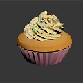 Household Dessert Cupcake With White Cream And Colorful Sprinkles In Pink Paper