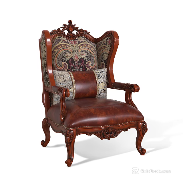 Traditional Single Sofa With Ornate Carved Wooden Frame Leather And Patterned Fabric Upholstery 3d model 