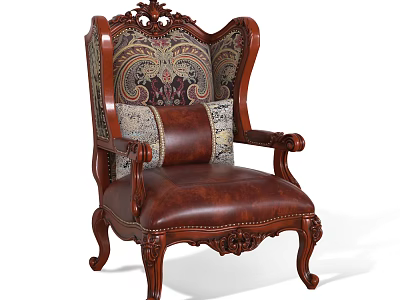 Traditional Single Sofa With Ornate Carved Wooden Frame Leather And Patterned Fabric Upholstery 3d model