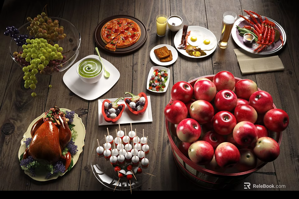 Assorted Delicious Food Spread With Grapes Pizza Turkey Apples And Various Snacks 3d model 