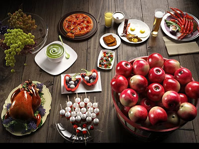 Assorted Delicious Food Spread With Grapes Pizza Turkey Apples And Various Snacks 3d model