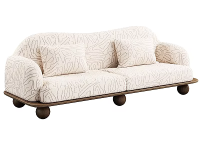 Modern Two Seater Sofa With Patterned Upholstery Decorative Pillows And Wooden Legs 3d model