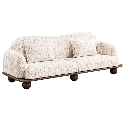 Modern Two Seater Sofa With Patterned Upholstery Decorative Pillows And Wooden Legs 3d model