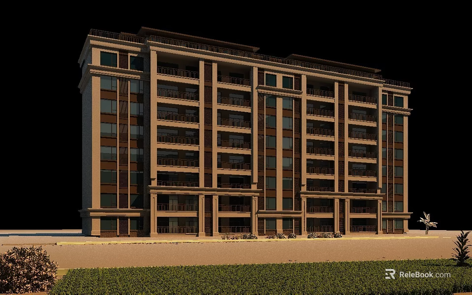 Modern Classic Residential Building With Multiple Floors Balconies Large Windows And Green Lawn 3d model 