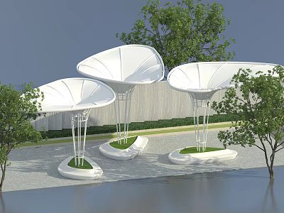 Modern Pergola Design With White Canopy Metal Frame And Greenery Surrounded By Trees 3d model