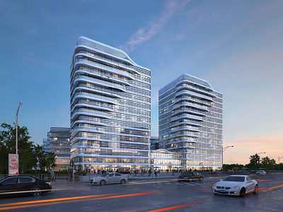 Modern Office Towers with Glass Curtain Walls along City Road with Cars at Dusk 3d model