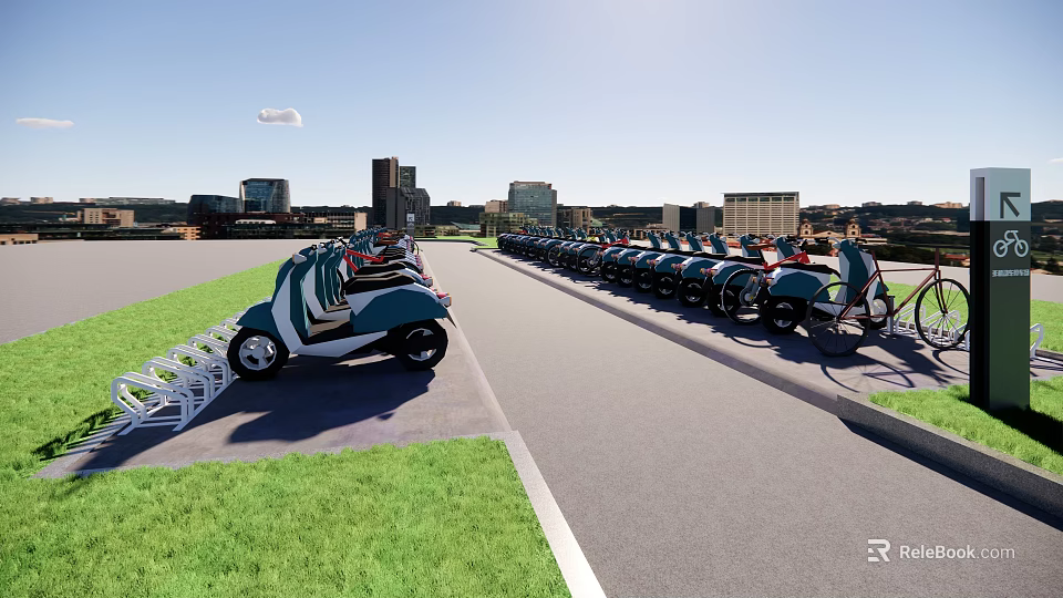 Garden Landscape With Green Lawn Bike Parking Area And Wide Path Near City Skyline 3d model 