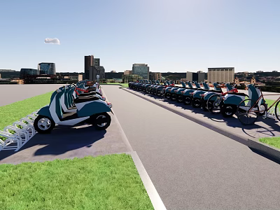 Garden Landscape With Green Lawn Bike Parking Area And Wide Path Near City Skyline 3d model
