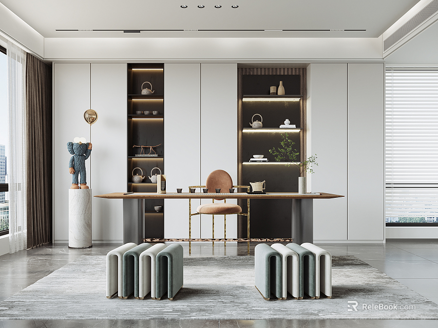 Modern Tea Room Interior Design With Long Tea Table Display Shelves And Comfortable Chairs 3d model 