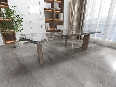 Spacious Study Room Interior Design With Marble Table Wooden Legs Large Window Curtains And Bookshelves 3d model