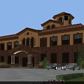 Classical Red Brick Office Building With Yellow Facade Towered Roof Parking Cars Lawn Flower Beds