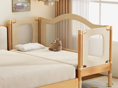 Wooden Kids Bed With Safety Rails Plush Toy Pillow And Star Patterned Rug 3d model